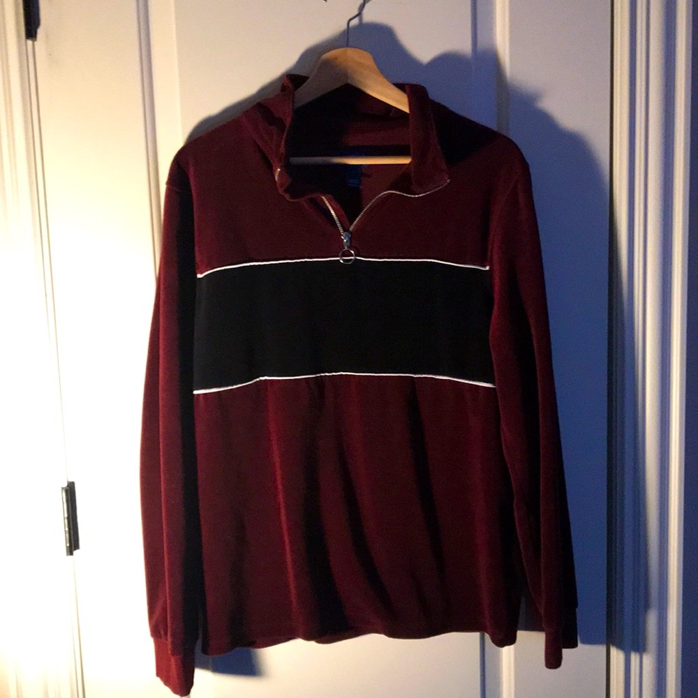 Color block Velvet-like Maroon Half zip sweater
